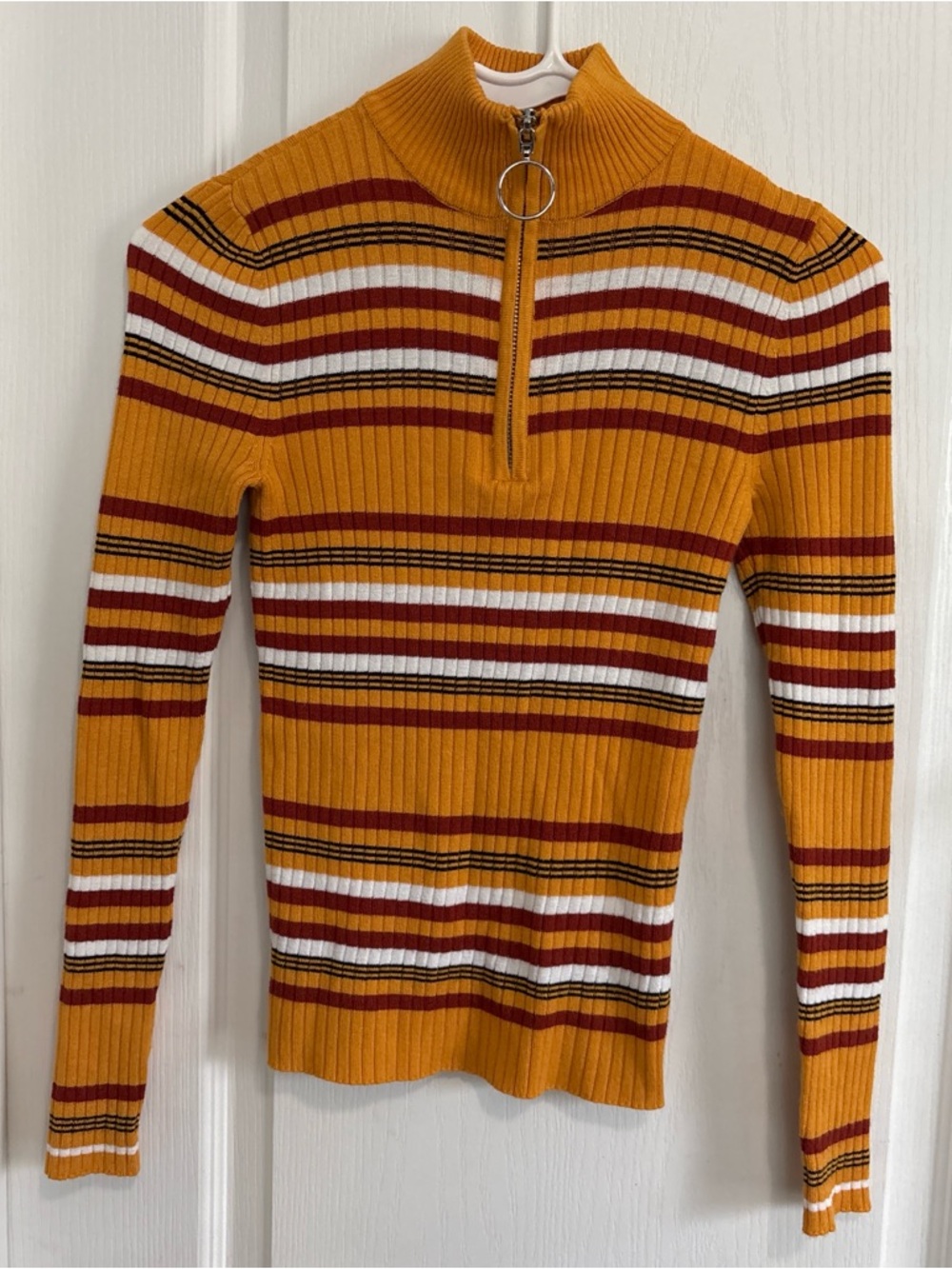 Striped Ribbed Half-Zip Sweater in Mustard & Burgundy
